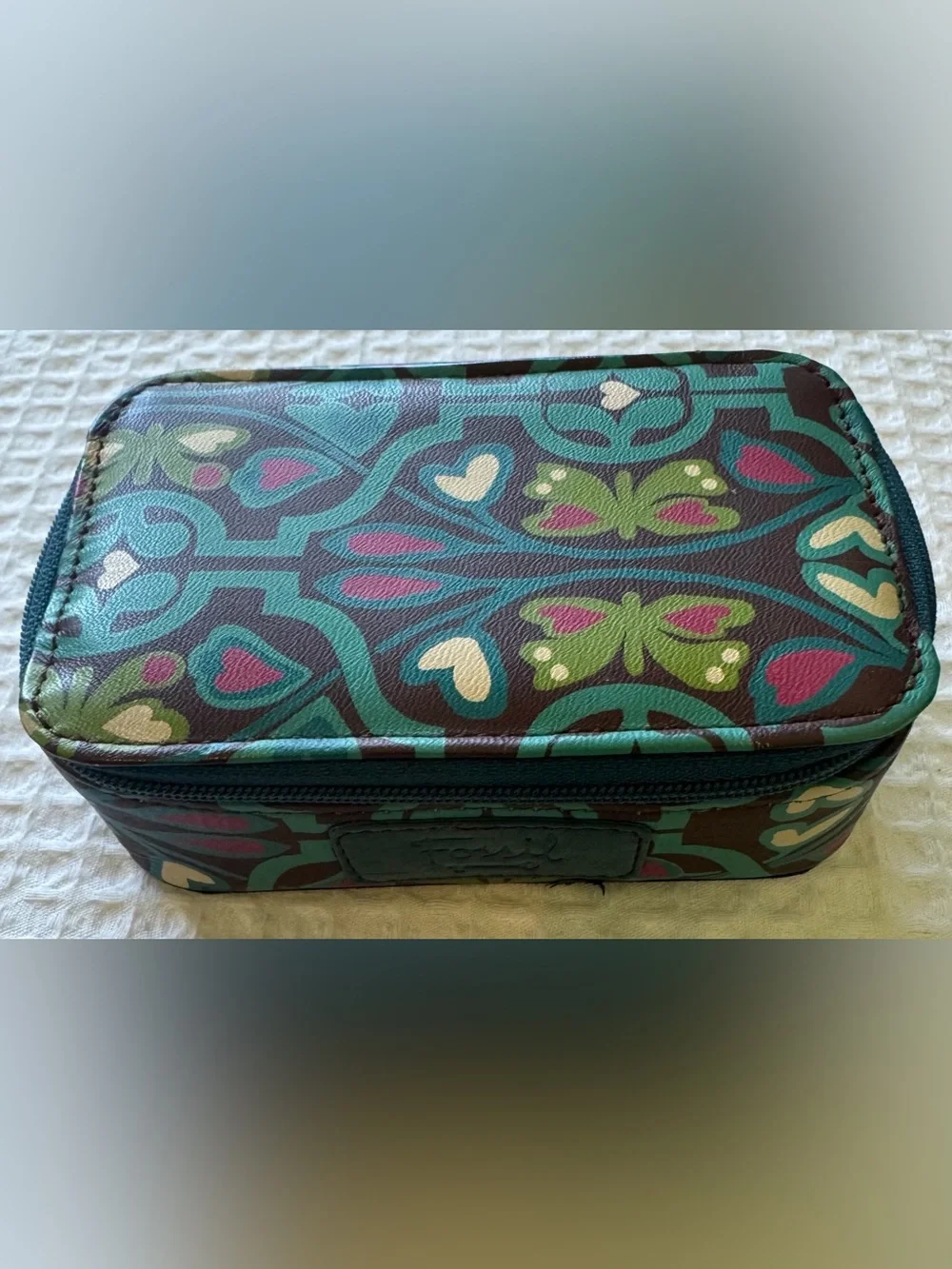 Fossil Travel Jewelry Case Butterfly Print Zip Organizer EUC